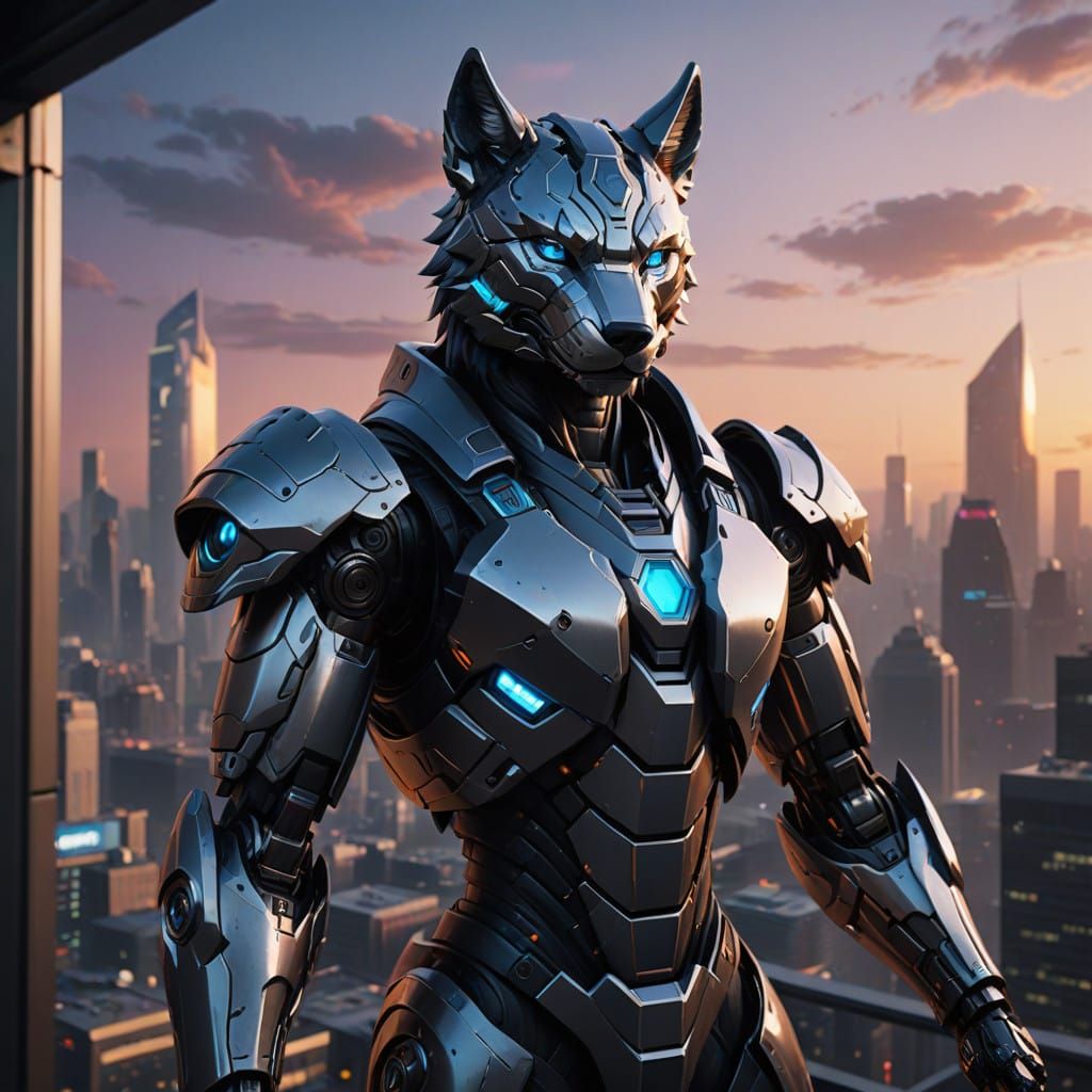 Confident Woman Examines Futuristic Wolf Robot in Corporate...