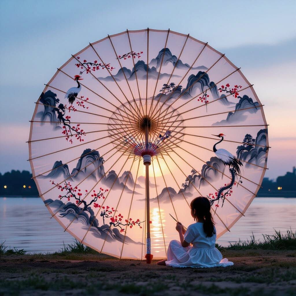 Giant Parasol Canvas at Twilight Riverside