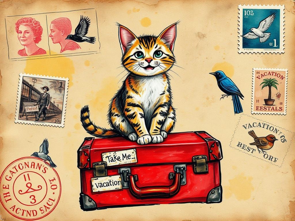 Vintage Postcard Cat on Suitcase