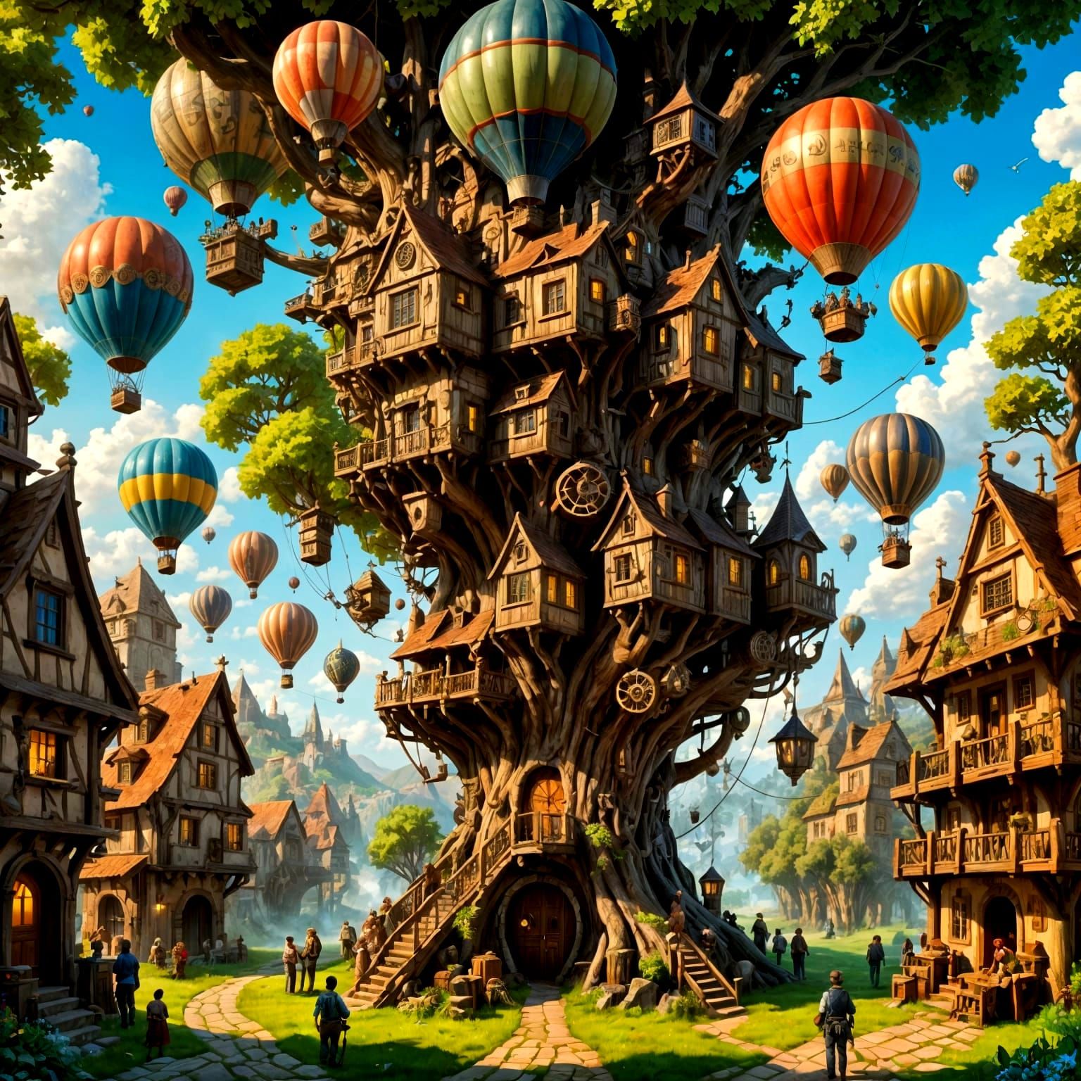 Steampunk Village in Ancient Tree, Hot Air Balloons