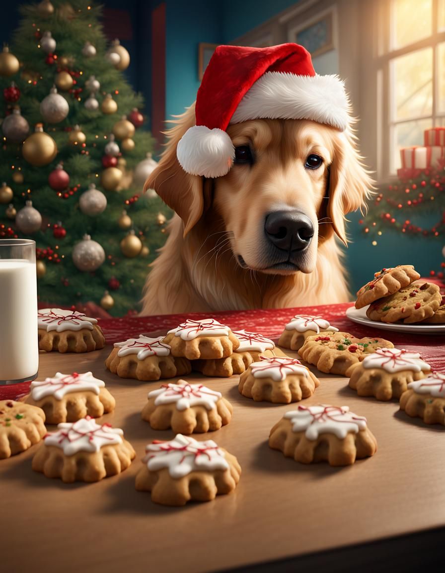 Golden retriver wearing santa hat sniffing Christmas cookies...