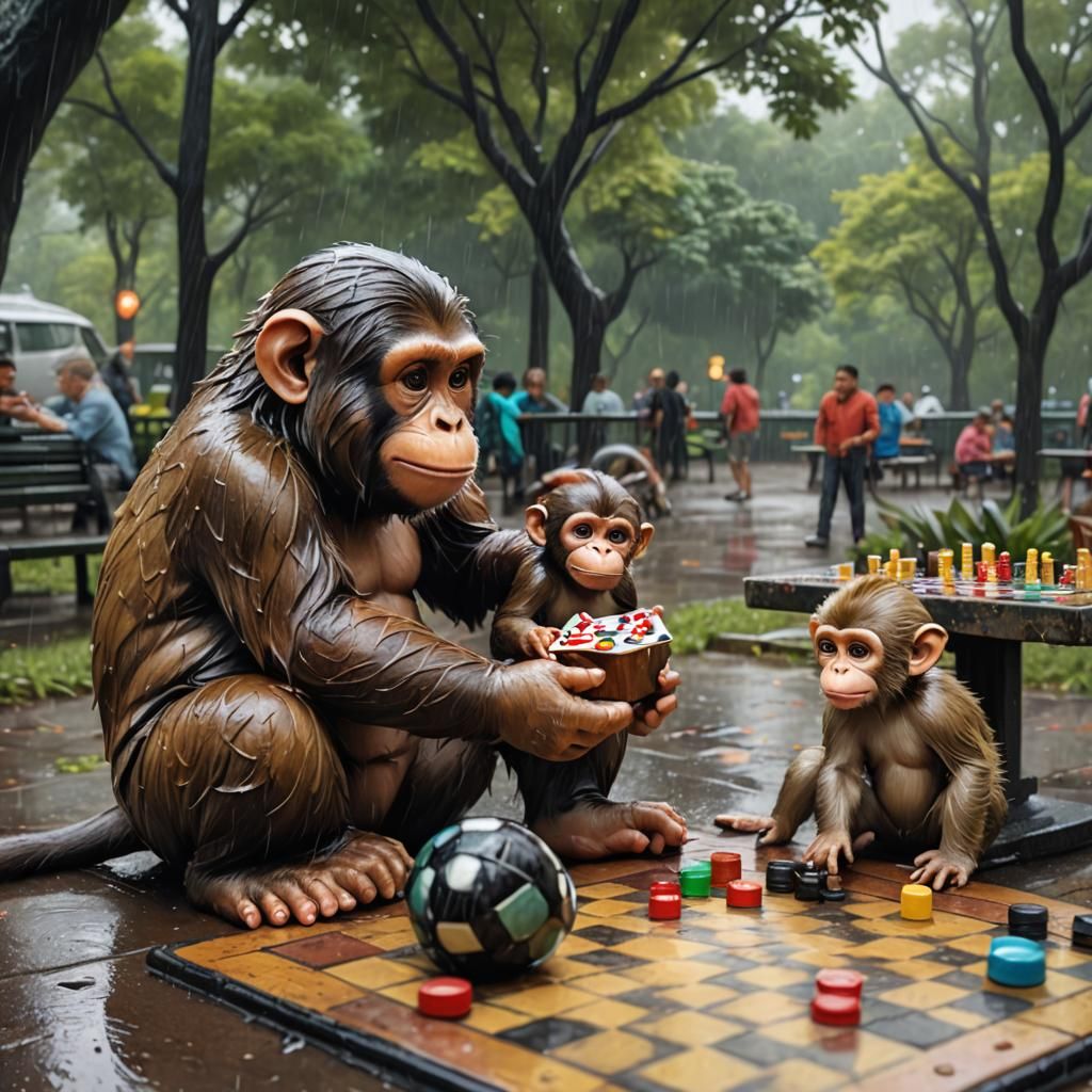Baby and Monkey Checkers Game in the Rain