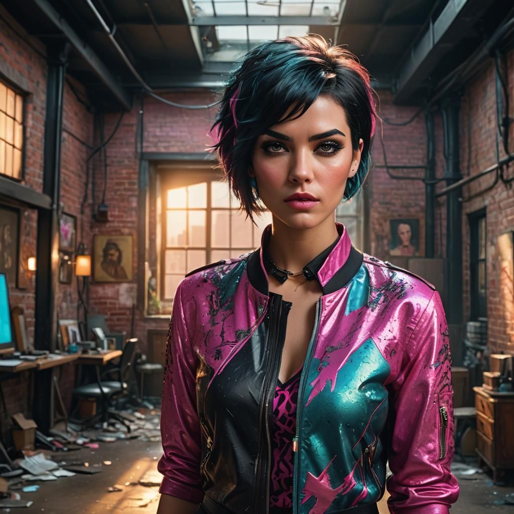 Fierce Woman in Loft: Hyperrealistic Digital Portrait