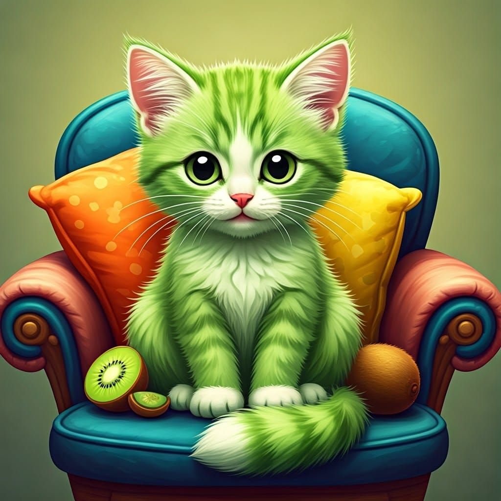 Kawaii Kiwi Fruit Kitten in Cozy Armchair