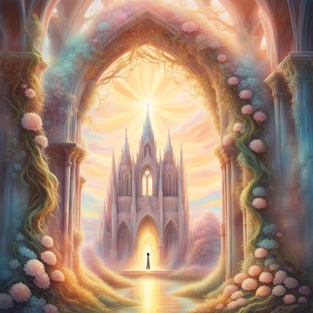 Glowing Deity Transcends Ruined Cathedral: Surreal Image