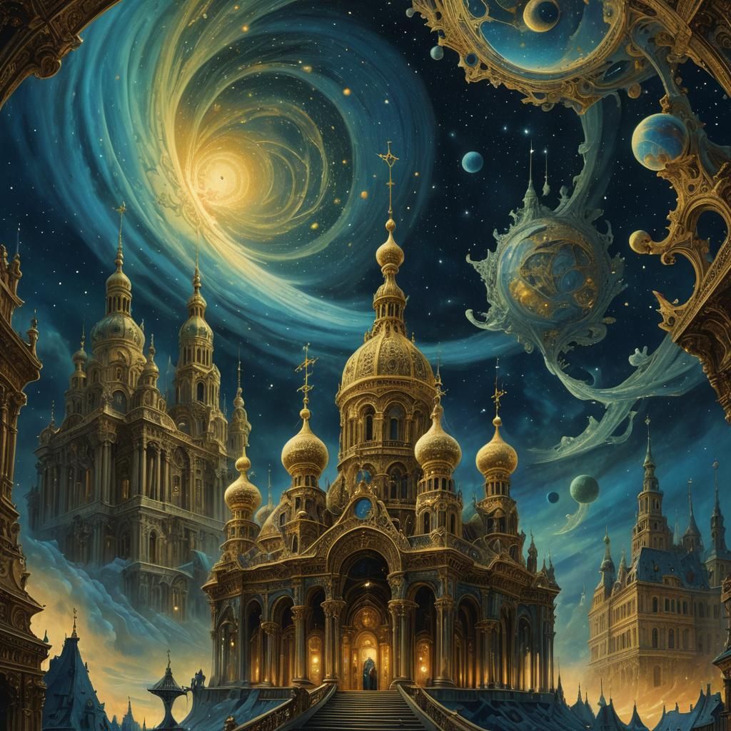 Baroque Ornaments Drifting Through Starry Galaxy