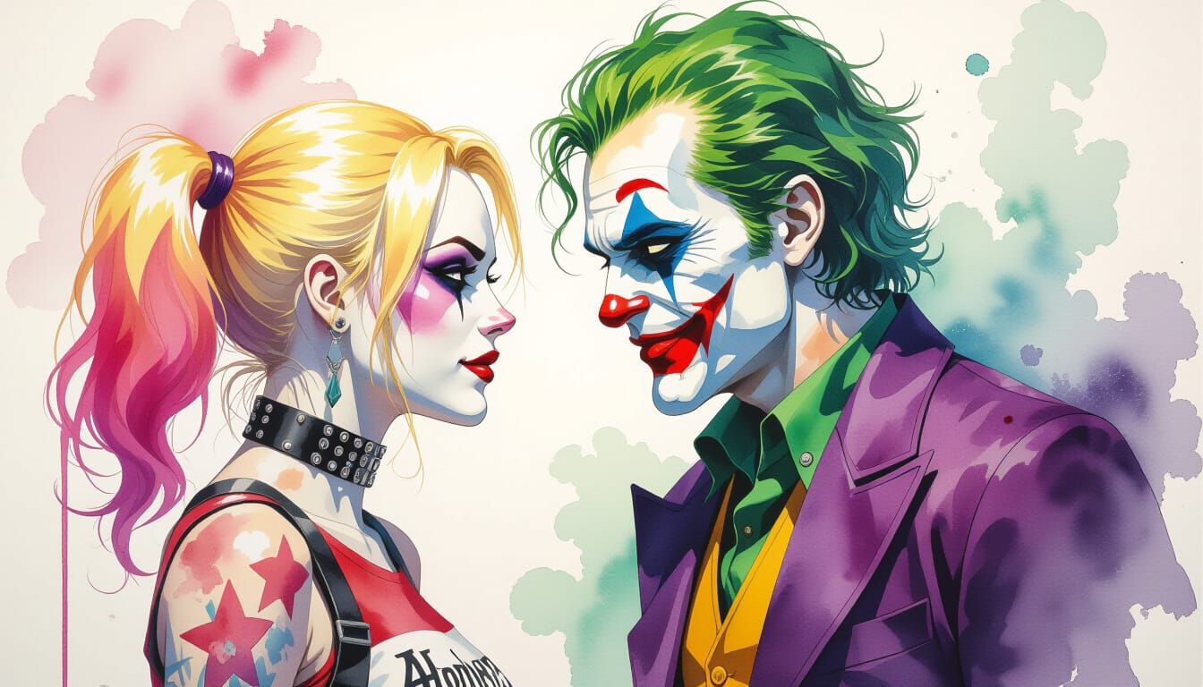 Joker and Harley Quinn in Watercolor Fantasy Art