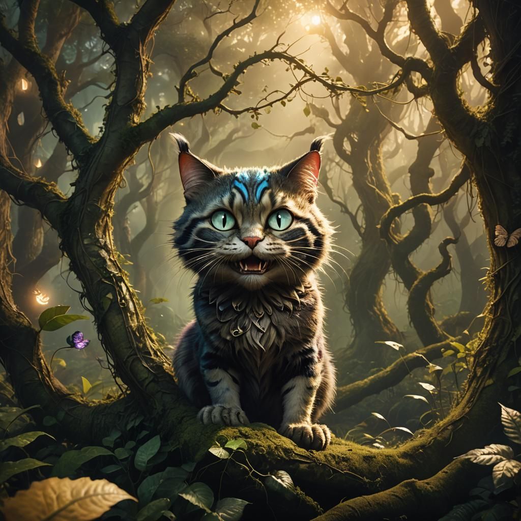Cheshire Cat Smiles in Eerie Forest