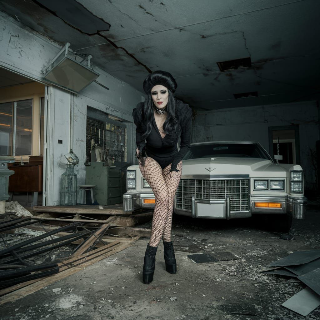 Gothic Crossdresser in Haunted Funeral Home with 70s Cadilla...