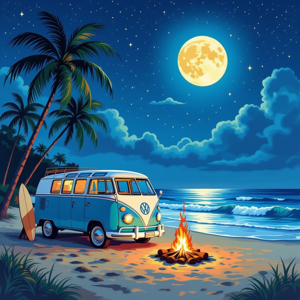 Moonlit VW Bus on Beach with Campfire