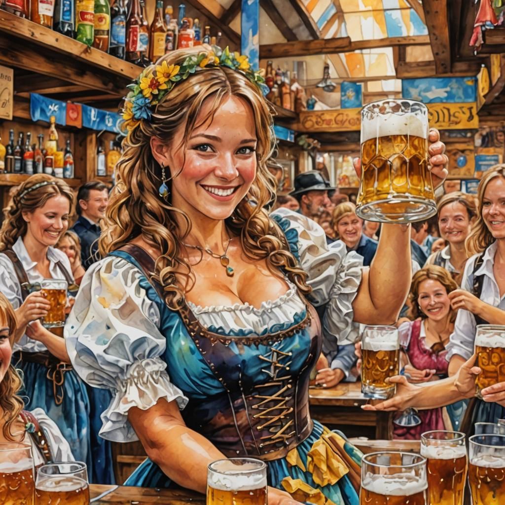 Bavarian Beer Maiden at Oktoberfest in Watercolor Style
