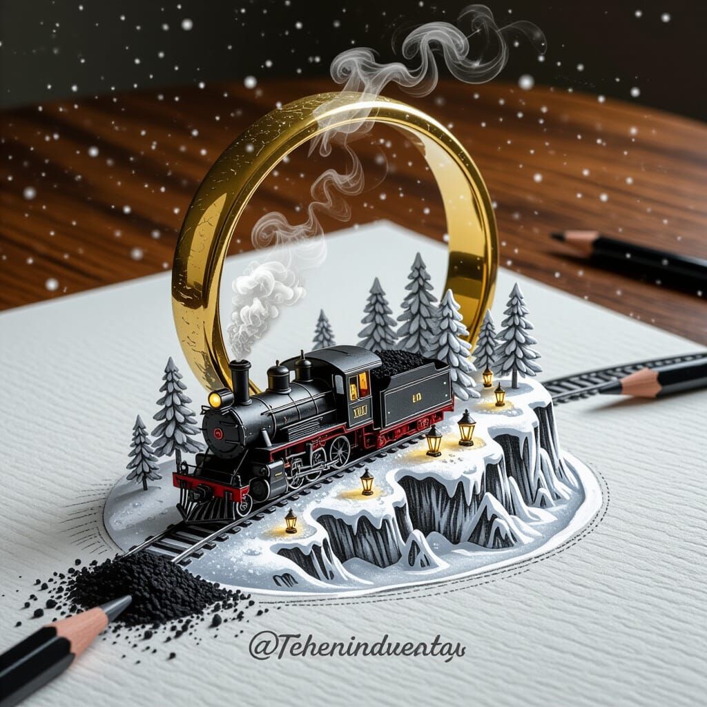 Giant Golden Ring with Steam Train in Snowy Forest