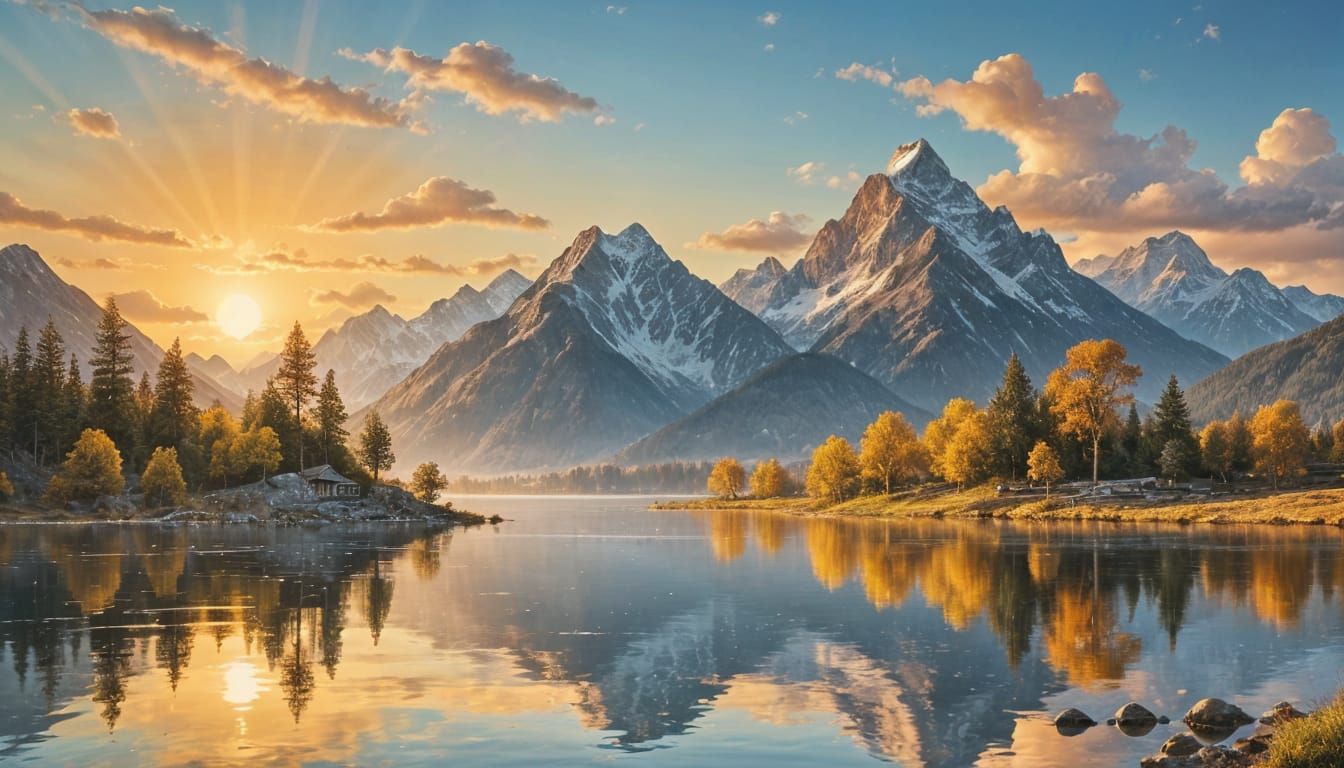 Lake Island Sunset with Mountain Backdrop