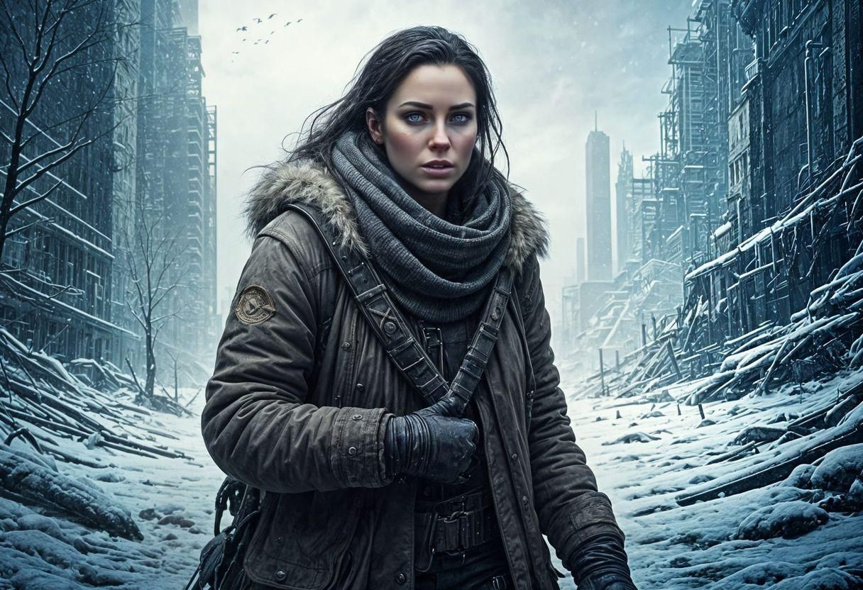 Ethereal Female Scavenger Amidst Winter Ruins in a Post-Apoc...
