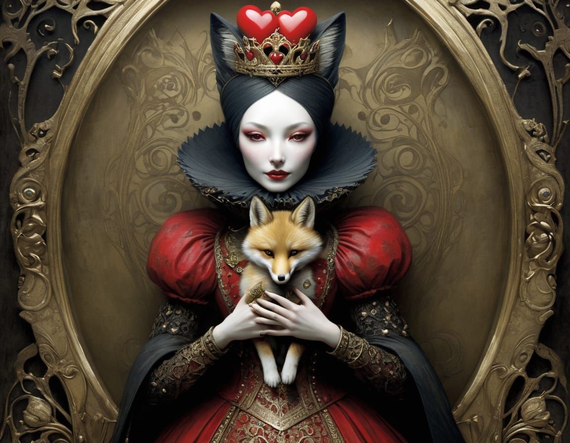 Queen of Hearts Holding Fox, Detailed Fantasy Art
