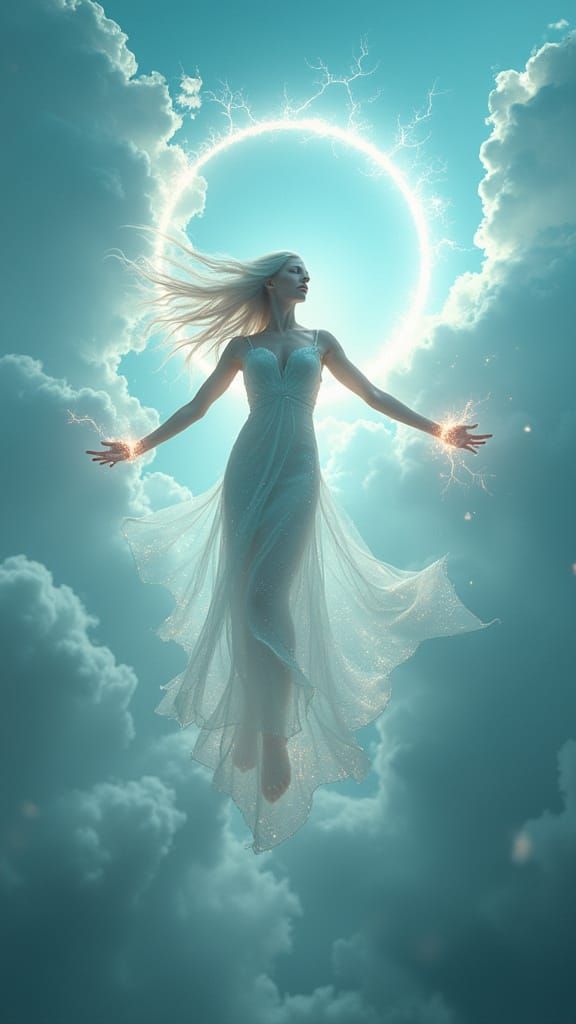 Luminous Celestial Woman in Fantasy Cloudscape