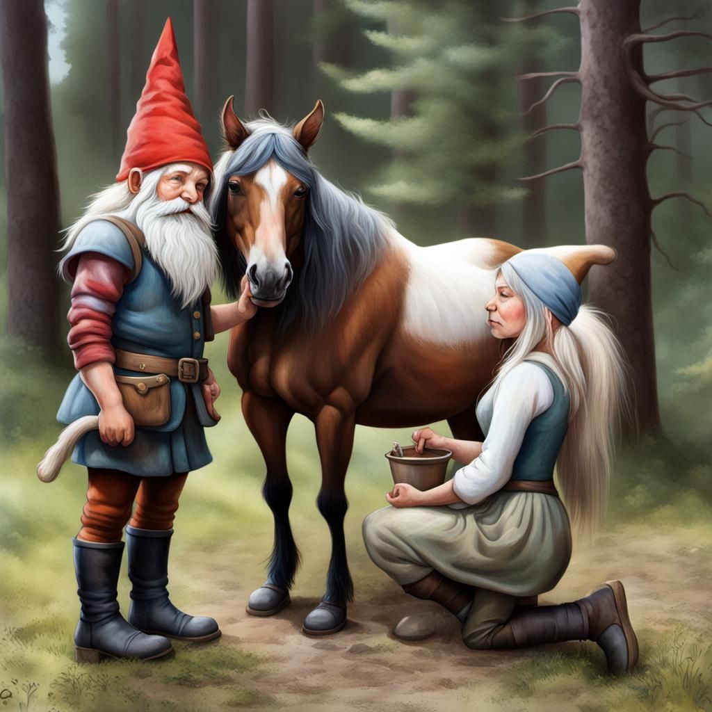 Gnomes Caring for Horse in Vintage Illustration Style