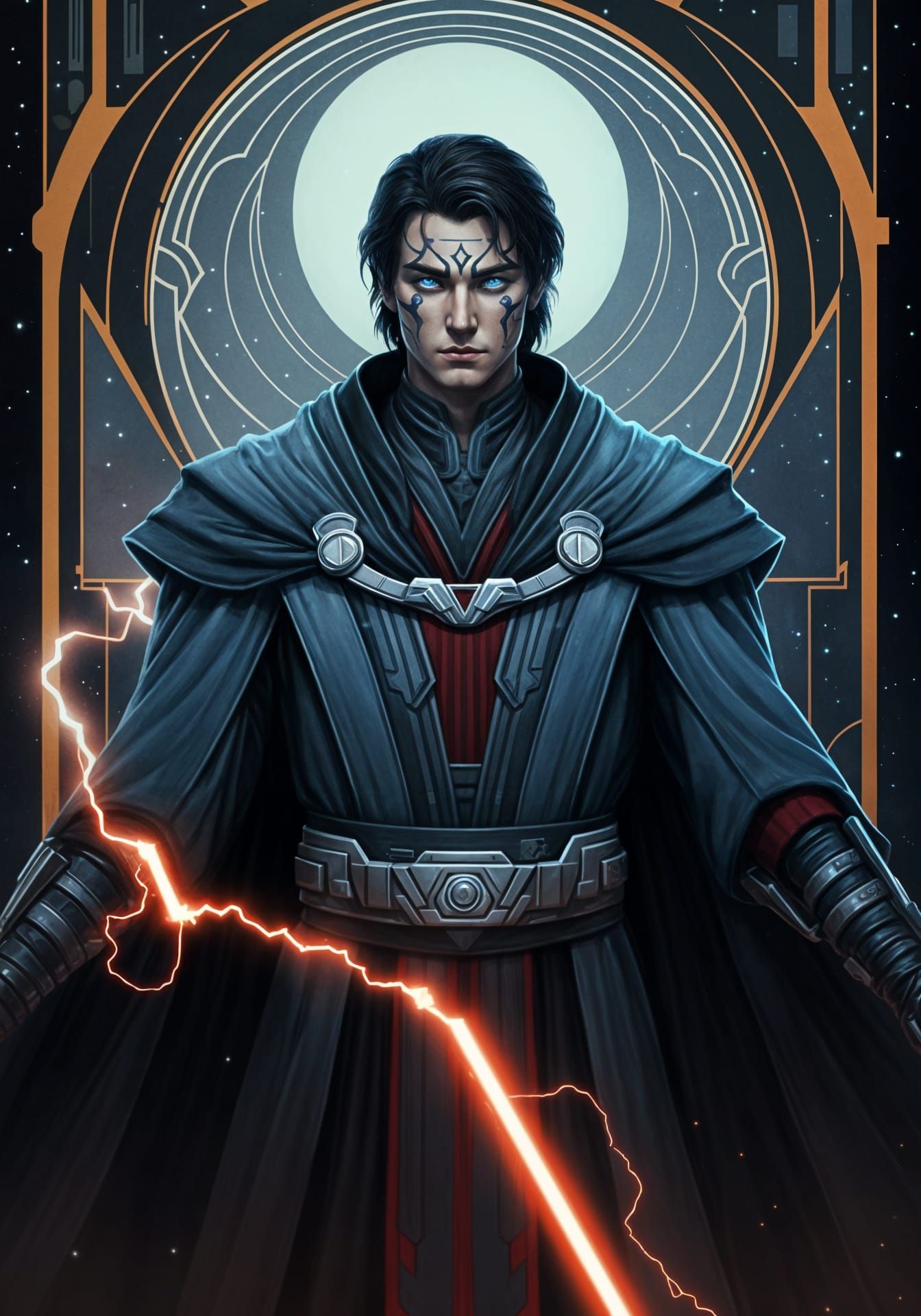 Heroic Sith Lord Channels Force Lightning in Art Deco Style