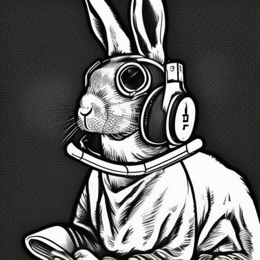 Rabbit with Headphones: 14th Century Linocut Portrait