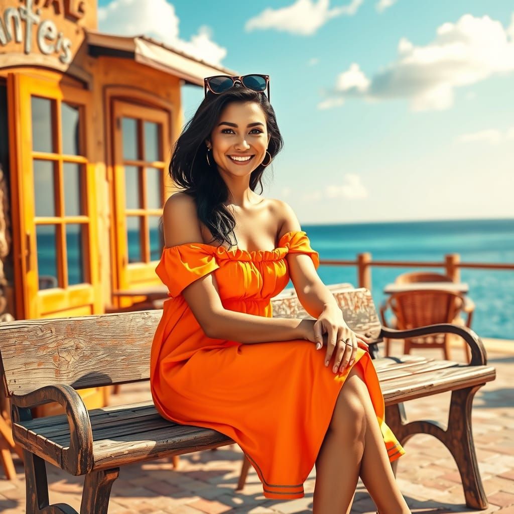 Elegant Woman in Seaside Cafe Setting, in Hyper-Realistic St...