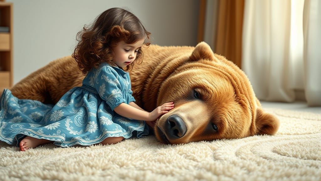 A Little Girl Cares for a Majestic Bear in a Cozy, Whimsical...
