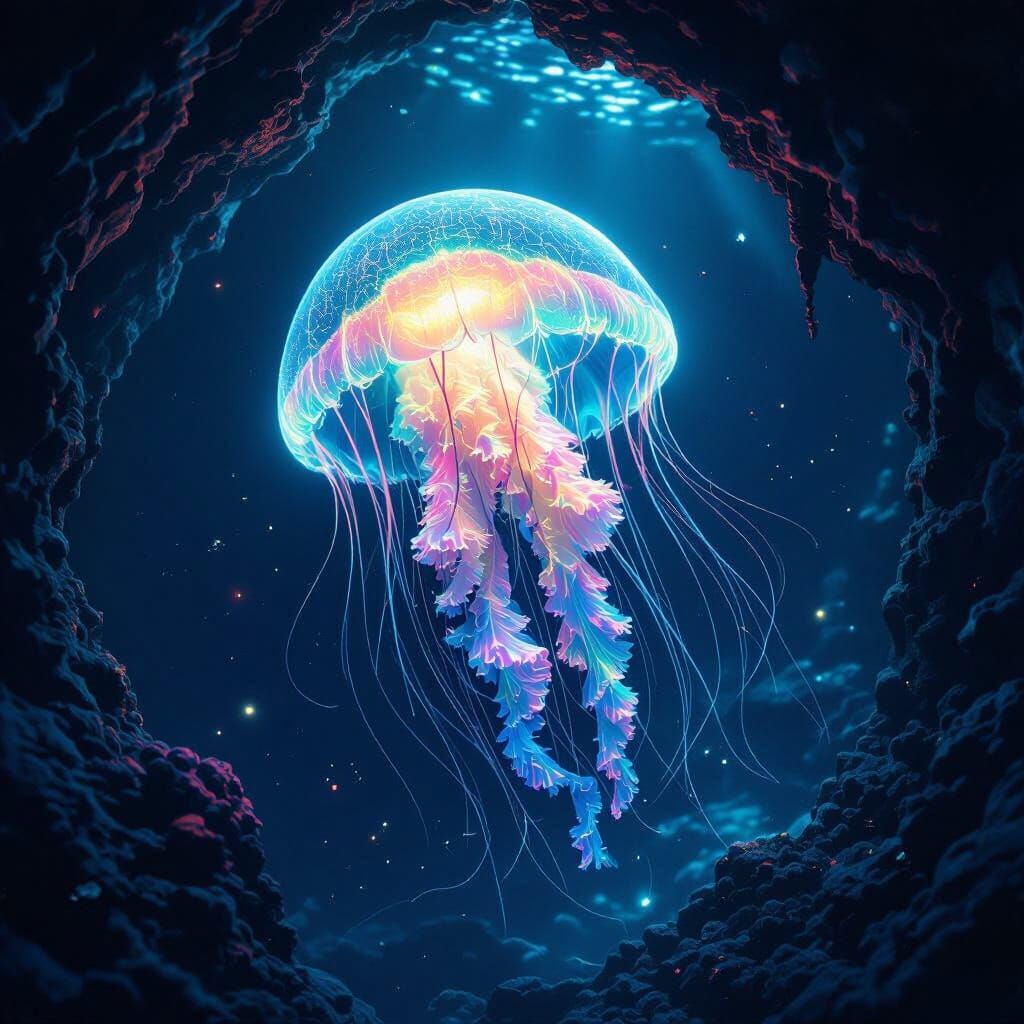 Bioluminescent Jellyfish in Deep-Sea Cave