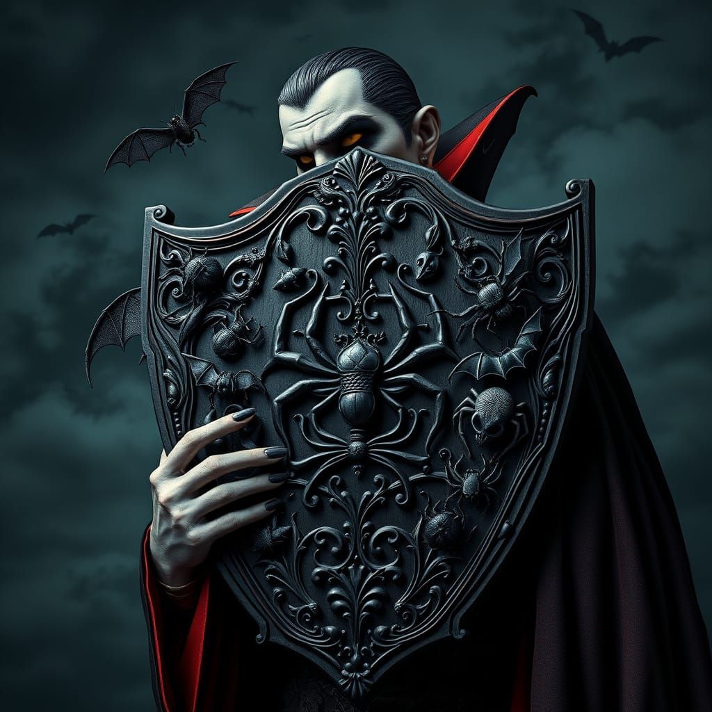 Gothic Vampire Wields Intricately Carved Shield in Whimsical...