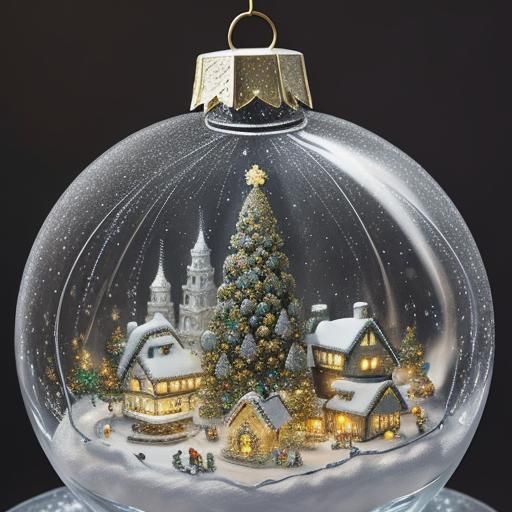 A white, fluorescent Christmas tree adorned with glass cryst...