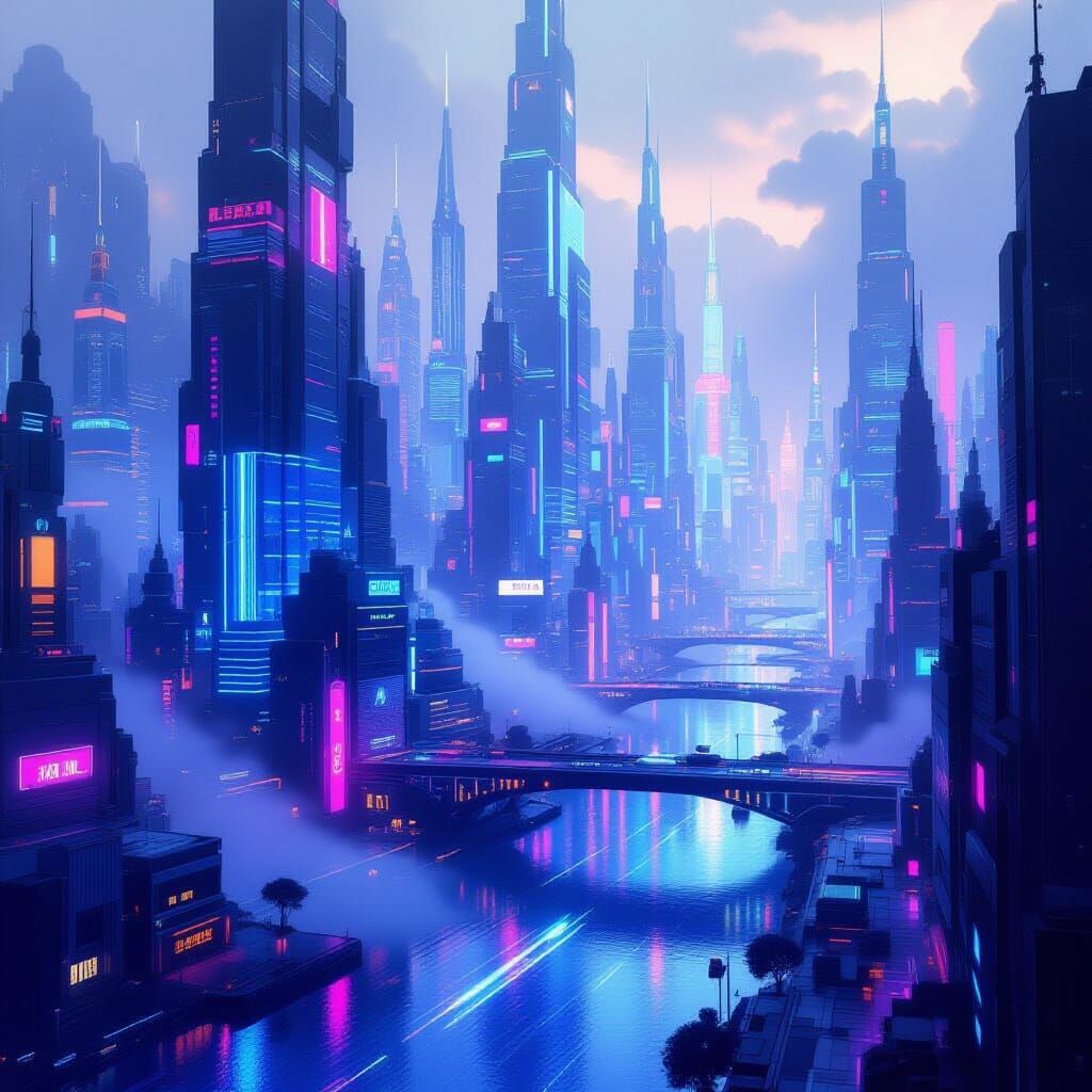 Glowing Futuristic City of Light with Neon Rivers
