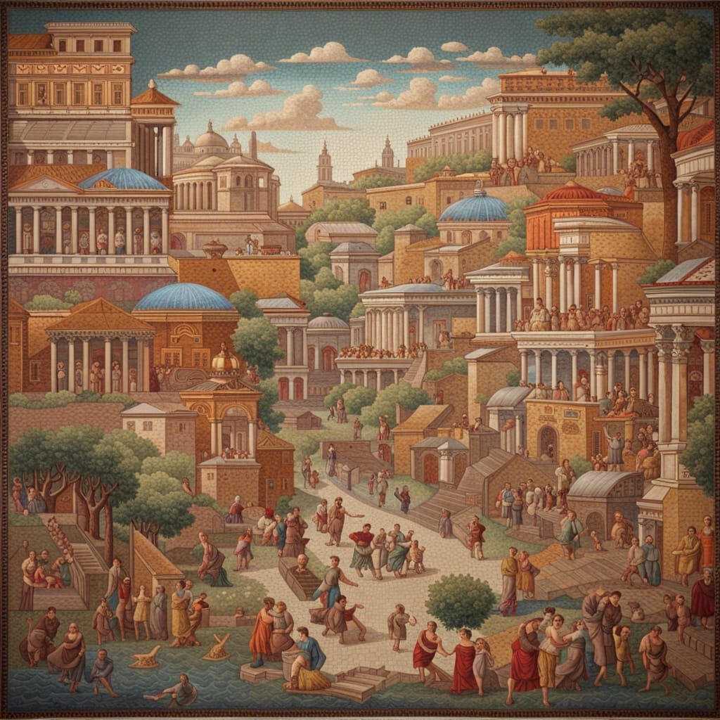 Vibrant Mosaic Artwork of Ancient Rome Scene