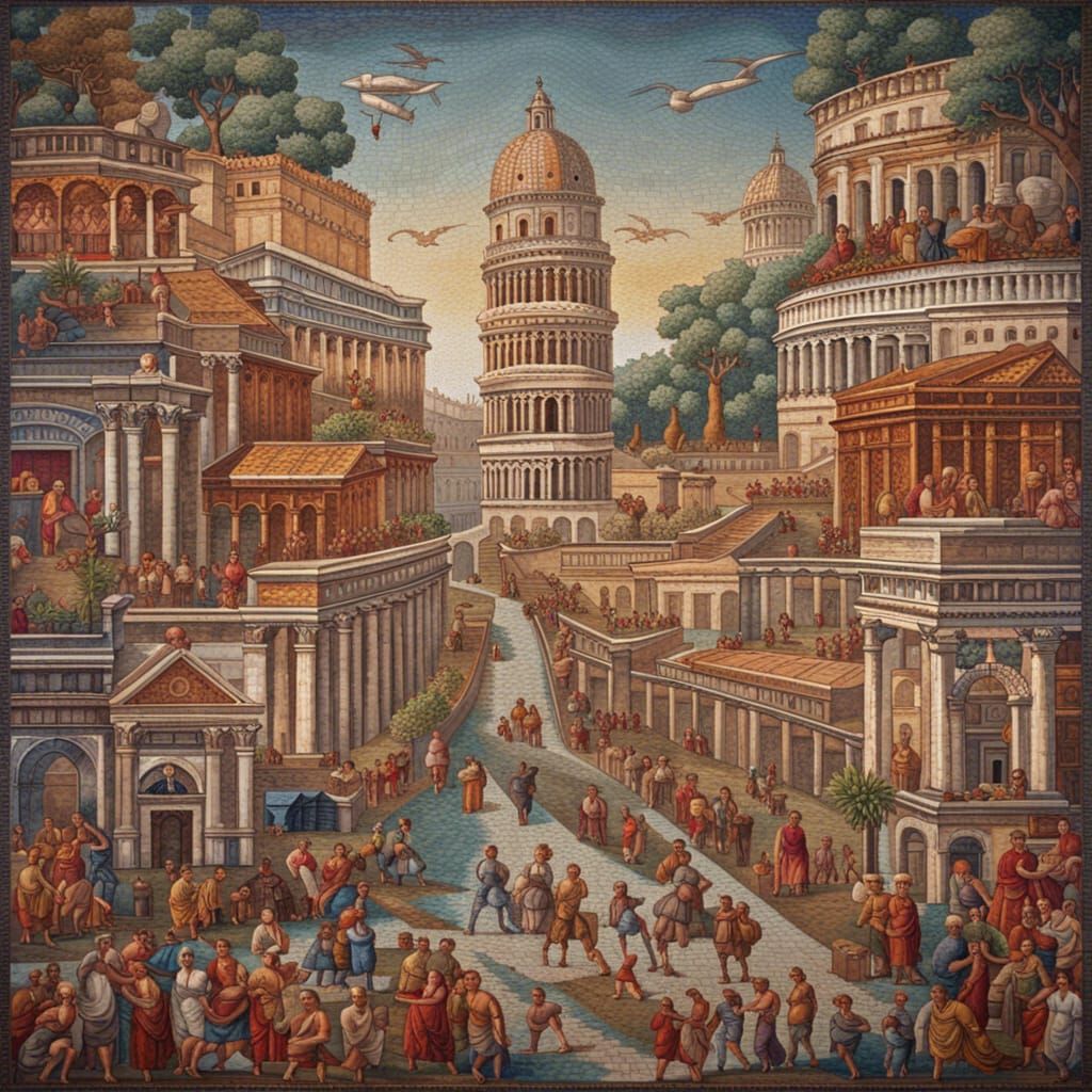 Vibrant Mosaic Artwork of Ancient Rome Scene