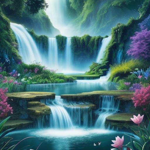 Detailed Butterfly and Waterfall in Magical Garden