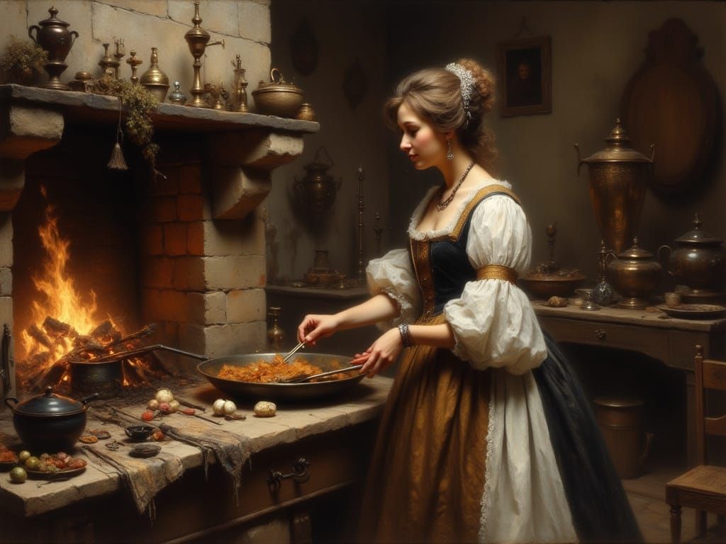 Woman Cooking in a Traditional Kitchen, in the Style of the ...