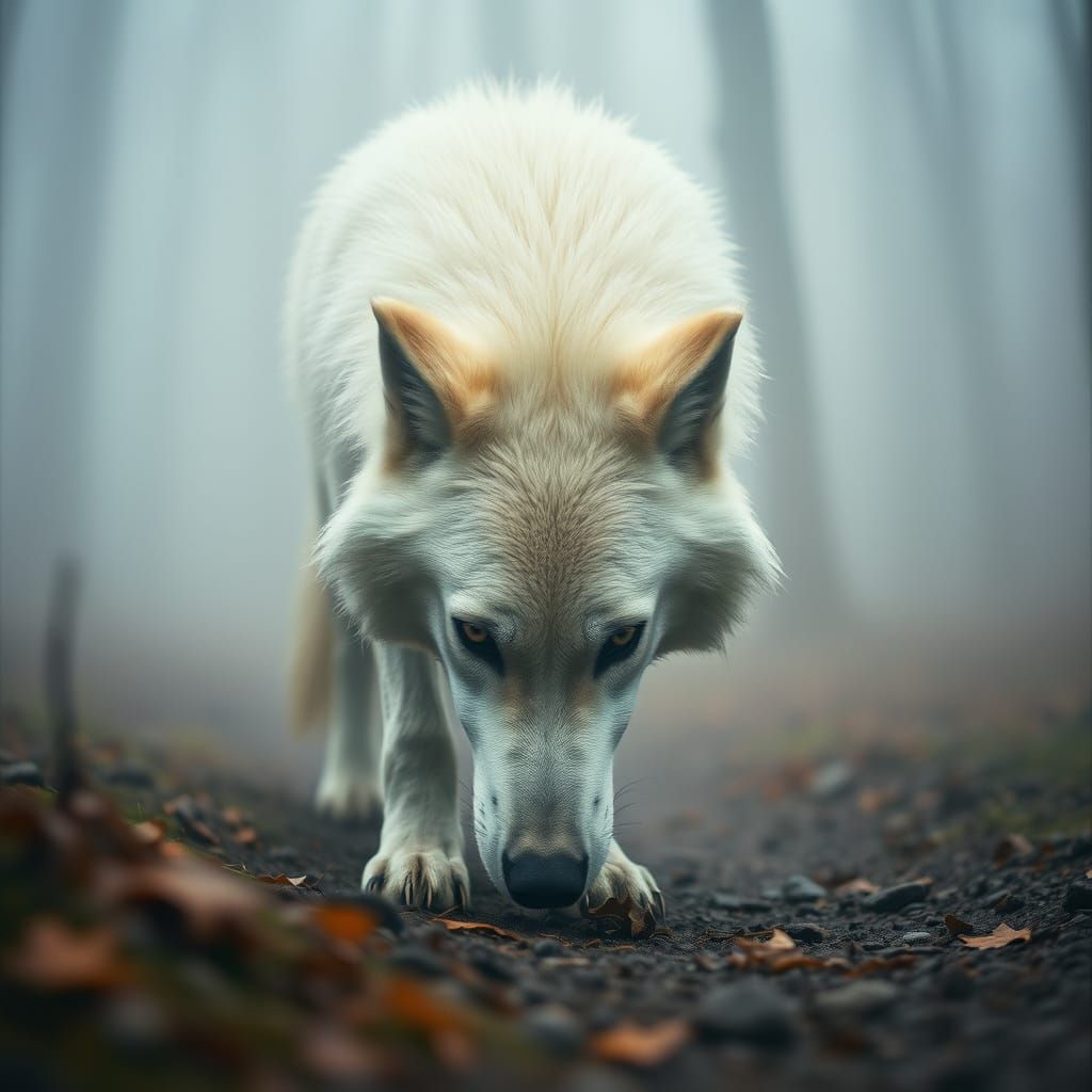 White Wolf Sniffing Track in Misty Forest