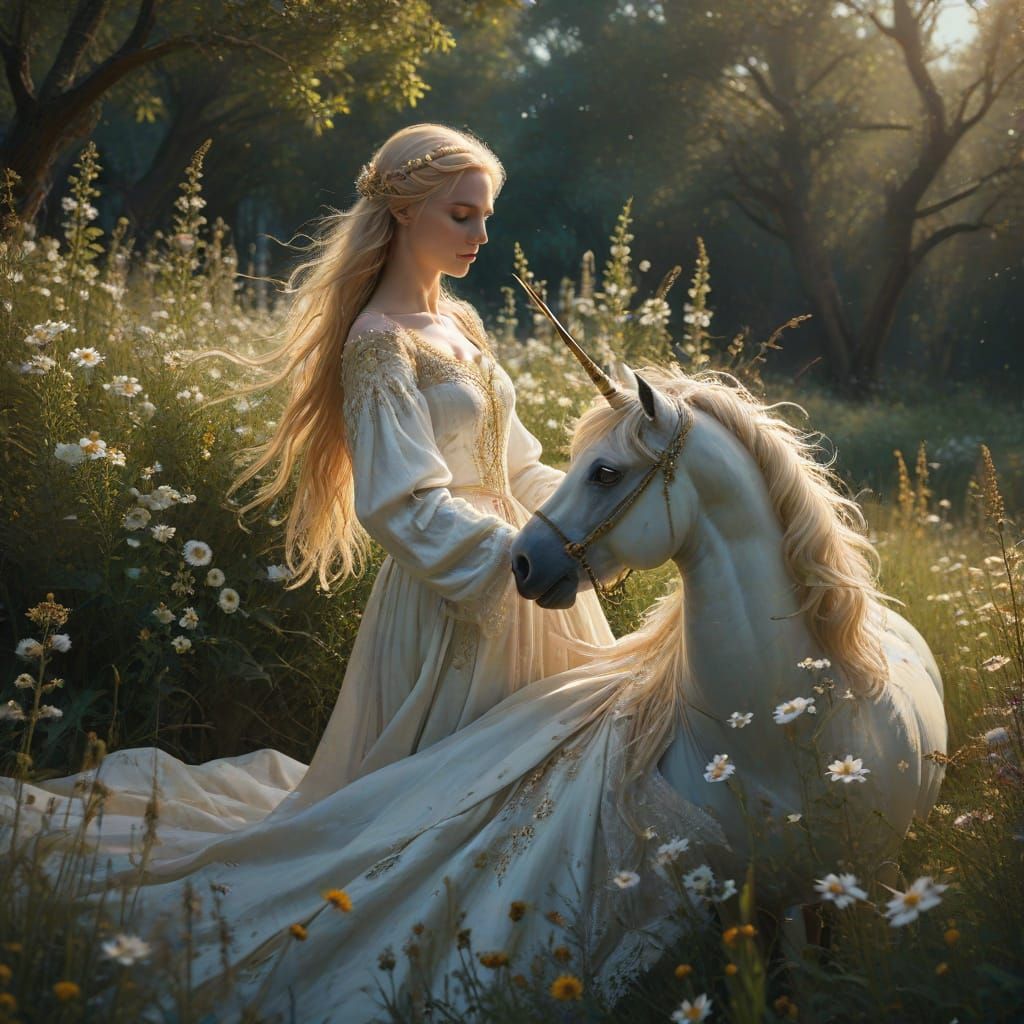 Medieval Elf and Unicorn in Serene Landscape