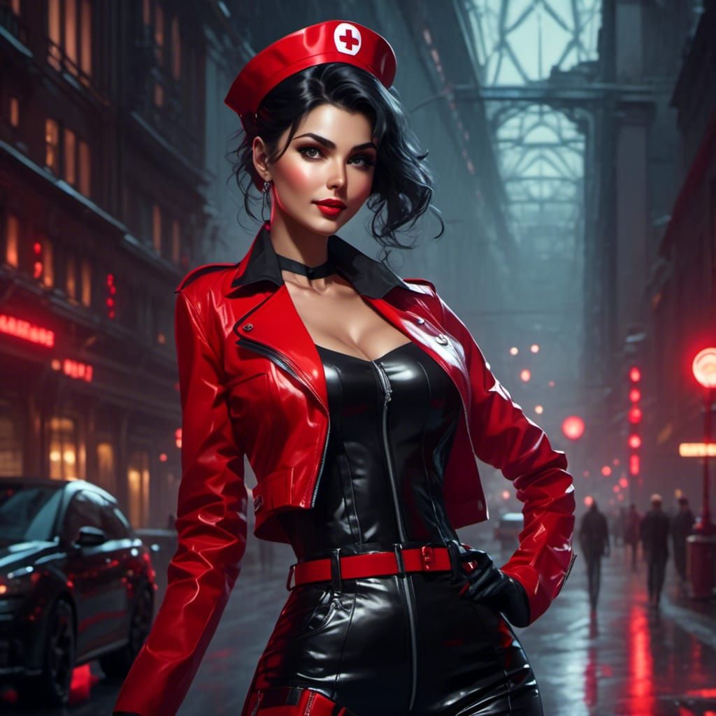 Detailed Portrait of a Beautiful Nurse in Red Leather