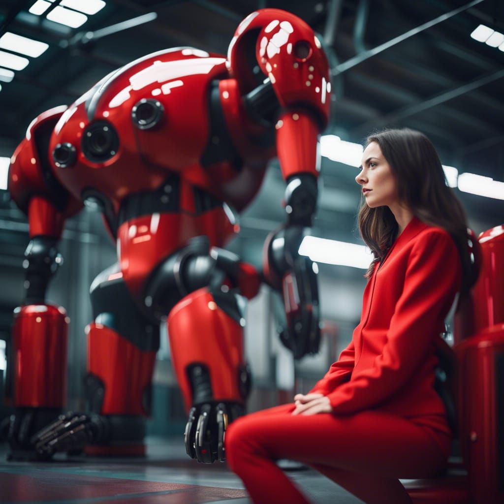 Futuristic Factory Scene with Woman and Robot