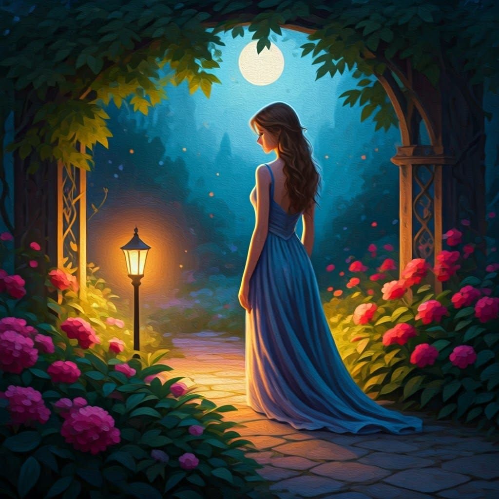 Moonlit Garden Contemplation in Impressionistic Style