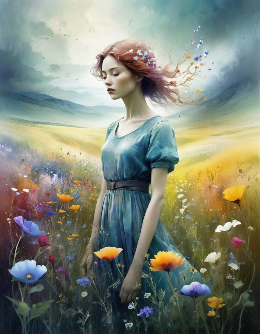 Woman Amidst Vibrant Wildflowers in Triadic Hues