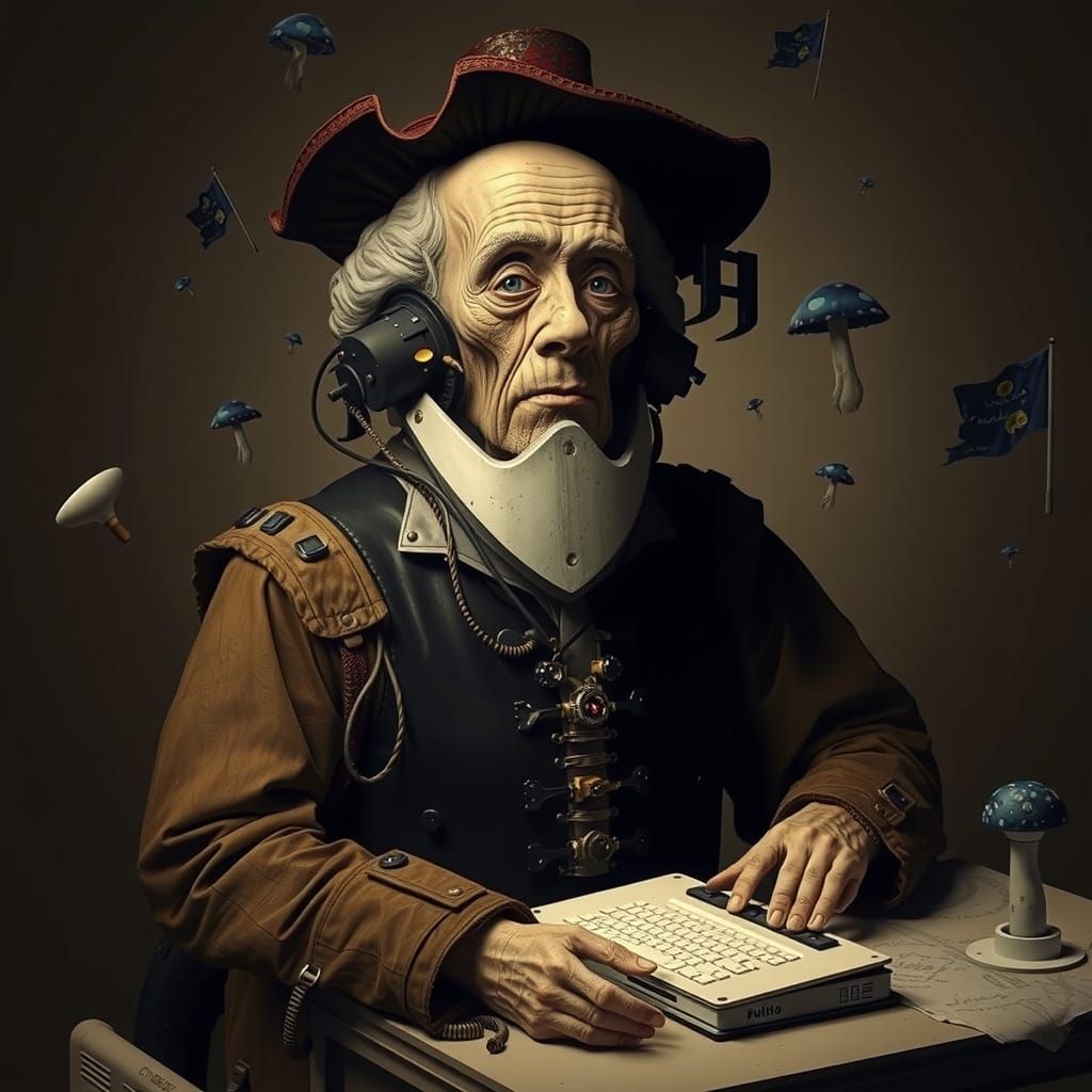 Renaissance Computer with Mushroom Flags in Noir Style