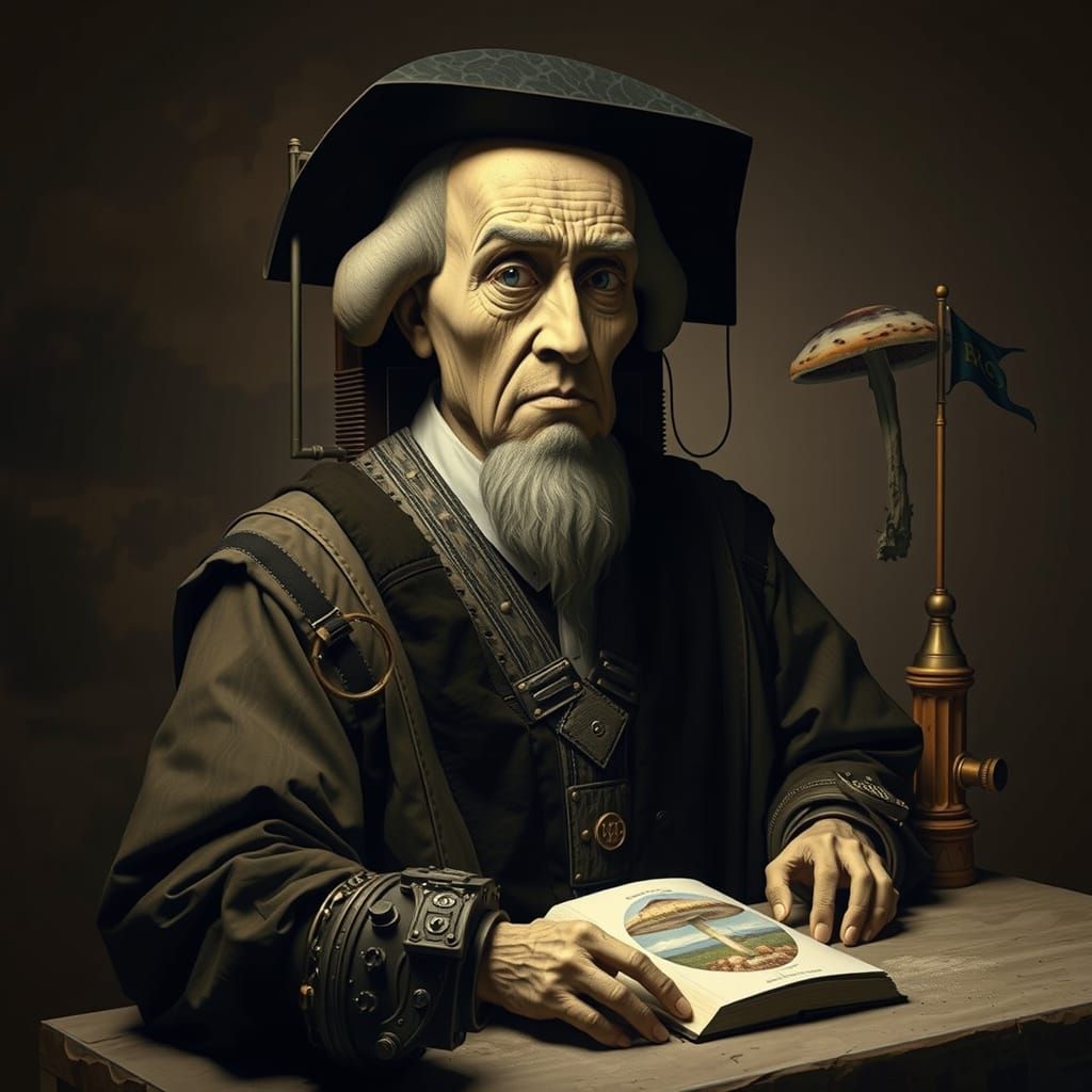 Hyperrealistic Renaissance Computer with Mushroom Flags