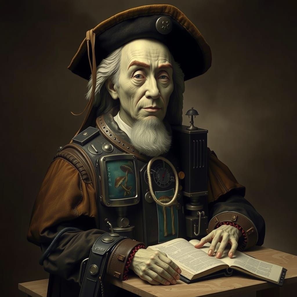 Renaissance Computer with Mushroom Flags in Hyperrealism