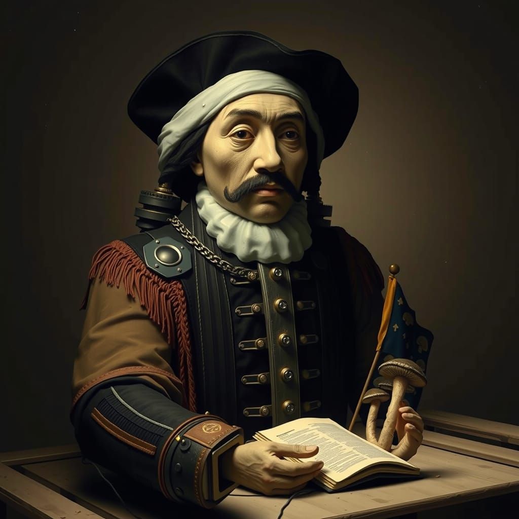 Surreal Renaissance Computer with Mushroom Flags