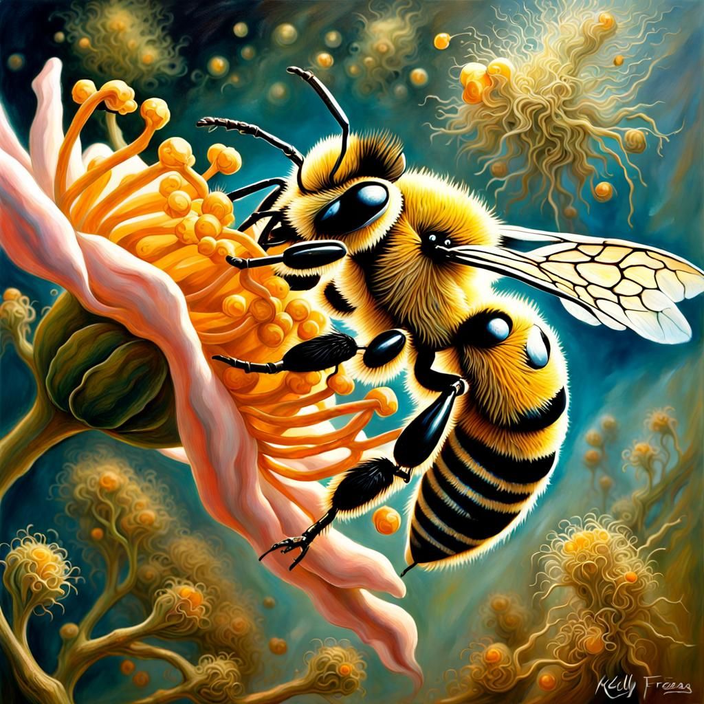 "Pollen Season"Kelly Freas Oil Painting: intricately detailed close-up honey bee pollinating honey suckle, pollen dust,...