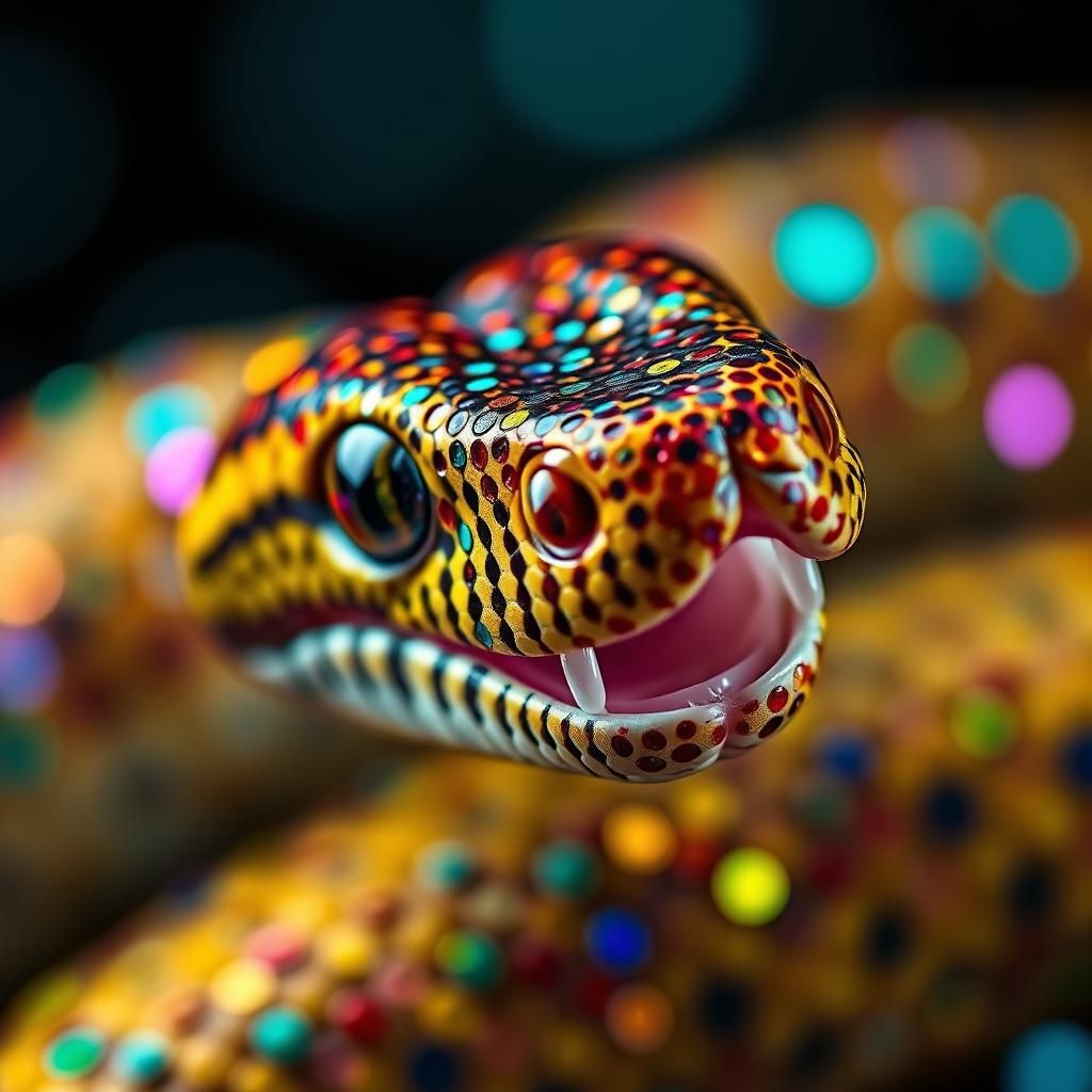 Vibrant Snake of Sequins: Pop Art Macro Image