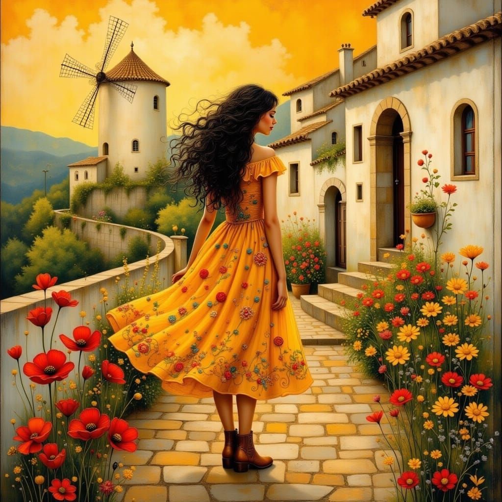 Romantic Spanish Woman in Whimsical Pueblo Blanco