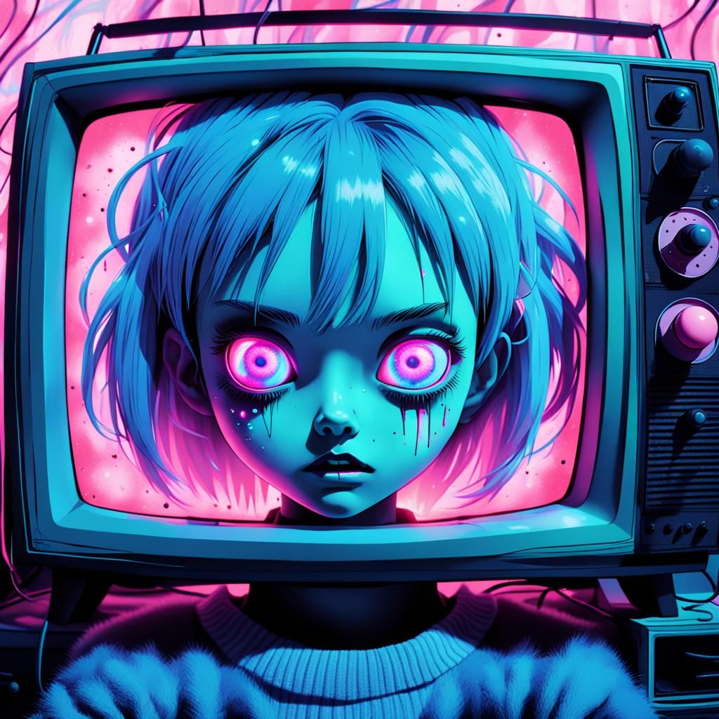 Kawaii Horror Girl in Glowing CRT Screen