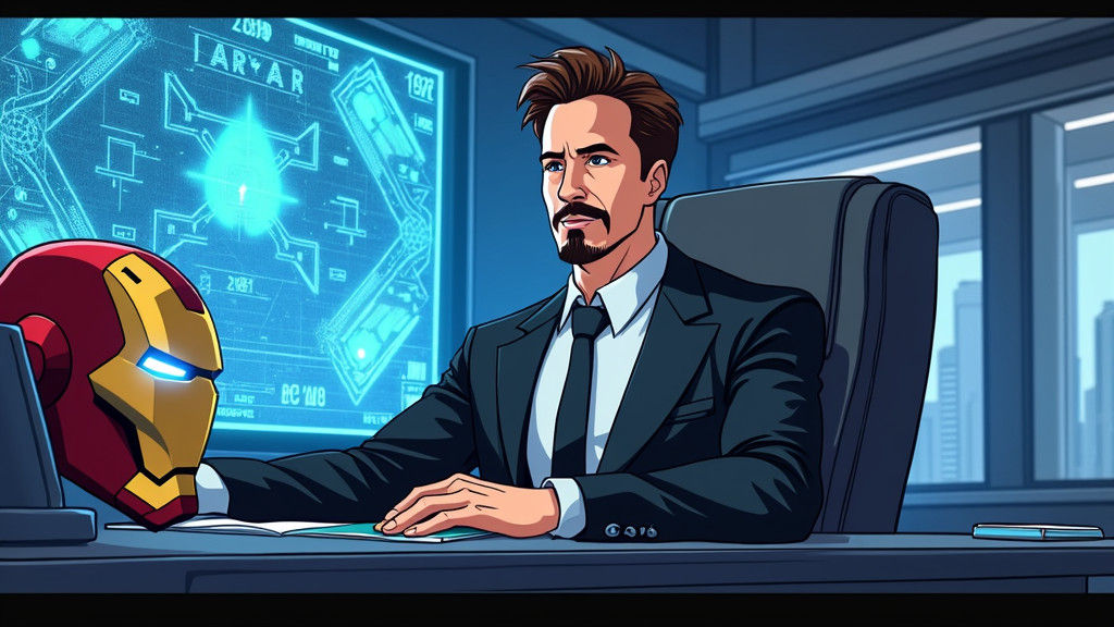 Tony Stark in Sleek Suit at Futuristic Desk