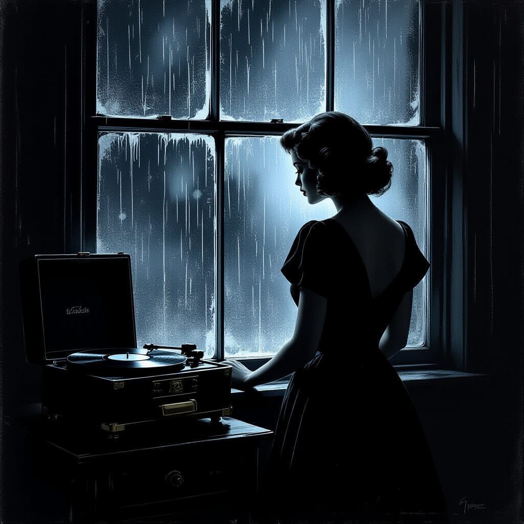 Woman by Rainy Window, Film Noir Oil Painting Style