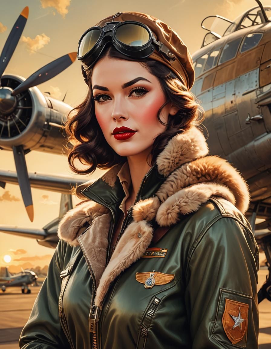 a beautiful pin-up girl in a modest Army Air Corps Flight Su...